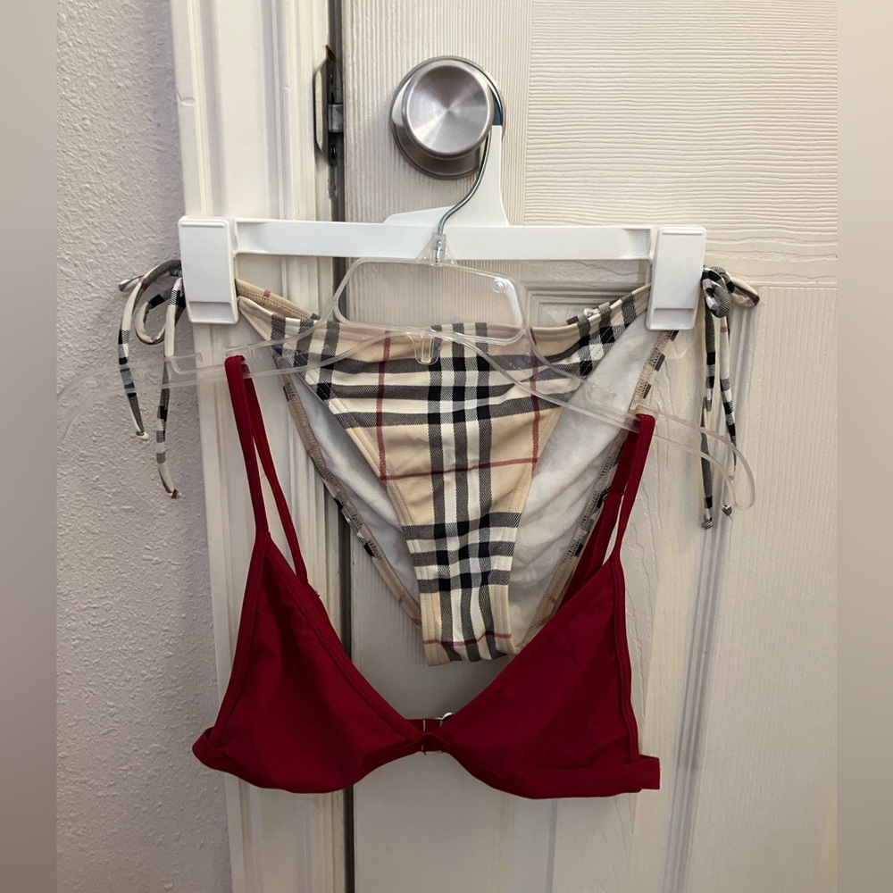 Burberry Beige Nova Check Bikini Bottom with Red Bikini Top